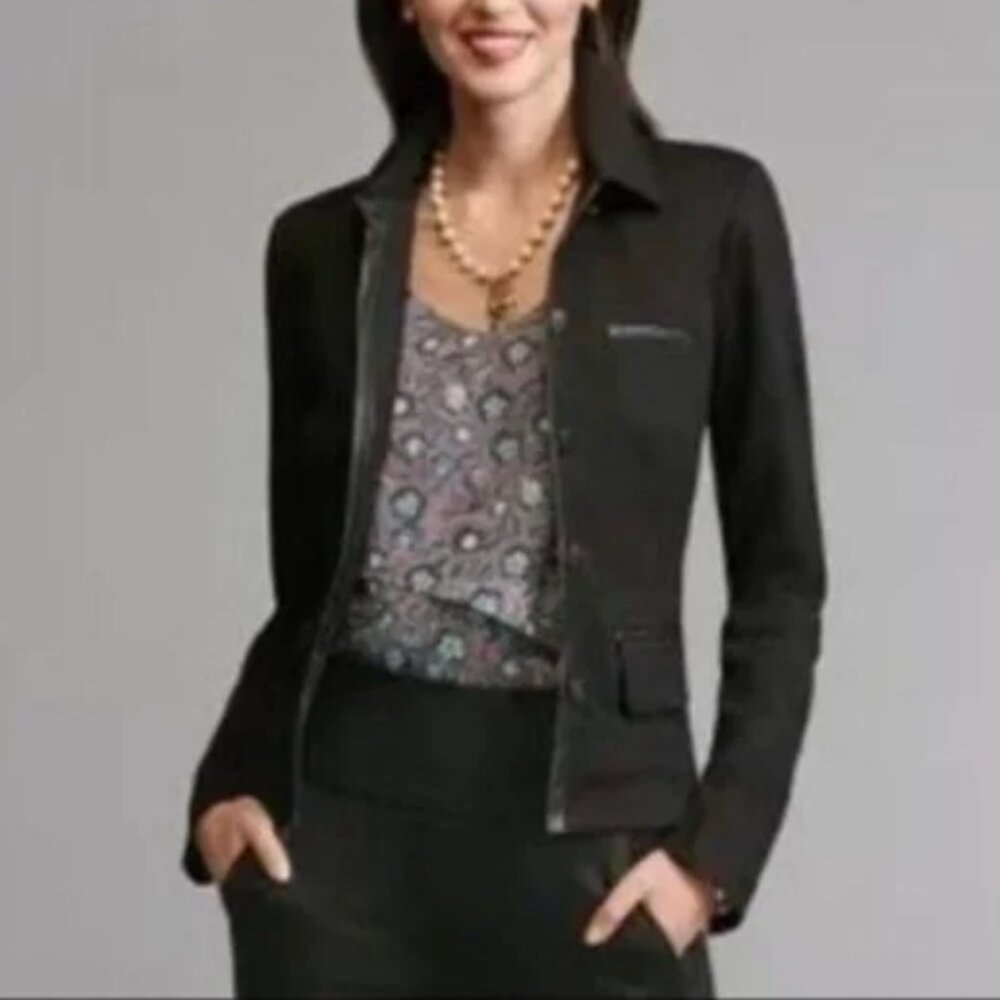 Cabi Tudor Ponte Blazer Medium 3376 Black Faux Leather Trim Button Stretch